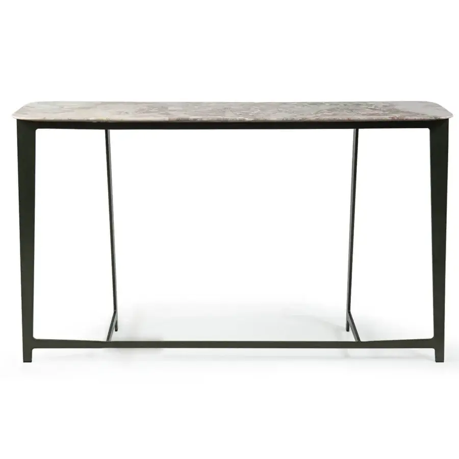 Exceptional Borzalino B Series console with rectangular marble top in mottled beige, brown, and gray with a matte dark gray lacquered metal base