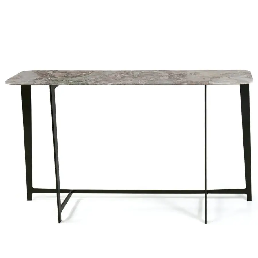 Distinguished Borzalino B Series console with rounded rectangular marble top and lacquered black metal base crafted in Italy