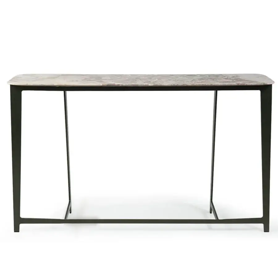 Elegant Borzalino B Series console with a rounded rectangular marble top displaying grey, beige and brown tones in dark matte metal crafting