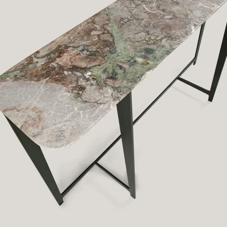 Superior Borzalino B Series console with a rounded marble top exhibiting mixed browns, greens, and grays, crafted in dark lacquered metal with plastic glides