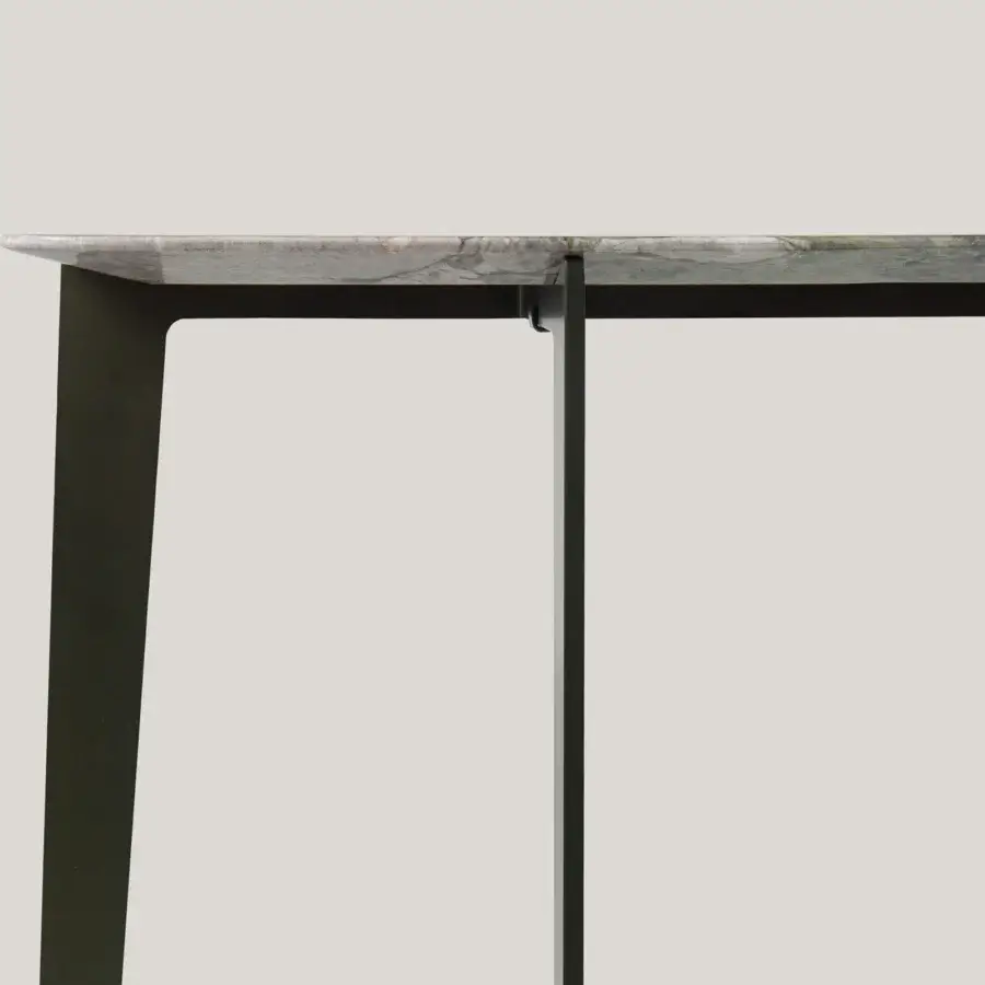 Distinguished Borzalino B Series console with a rectangular marble top displaying varied gray, white, green and brown tones in matte lacquered metal