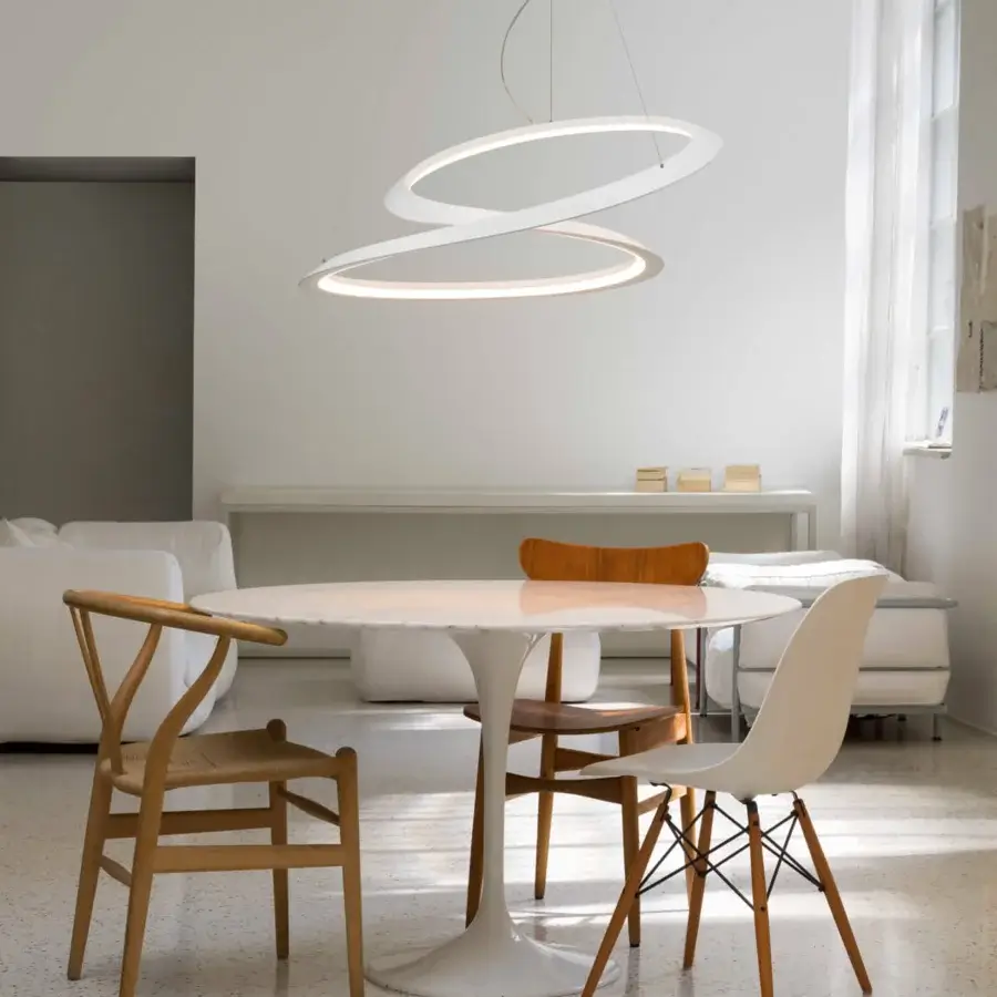 Avant-garde Nemo Kepler suspension lamp crafted in white painted extruded aluminum with a technopolymer diffuser exhibiting continuous curved lines
