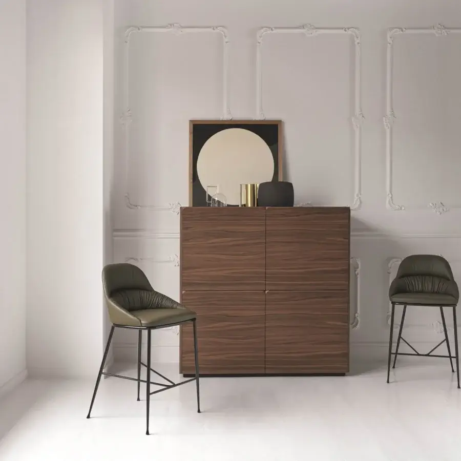 Distinguished Bontempi Queen bar stool in olive green with upholstered wrinkles and a geometric black metal frame