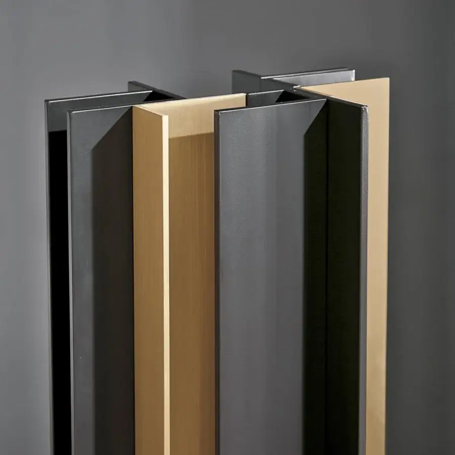 Distinguished VENICEM Secret floor lamp crafted in light burnished brass and matt black metal with a geometric silhouette
