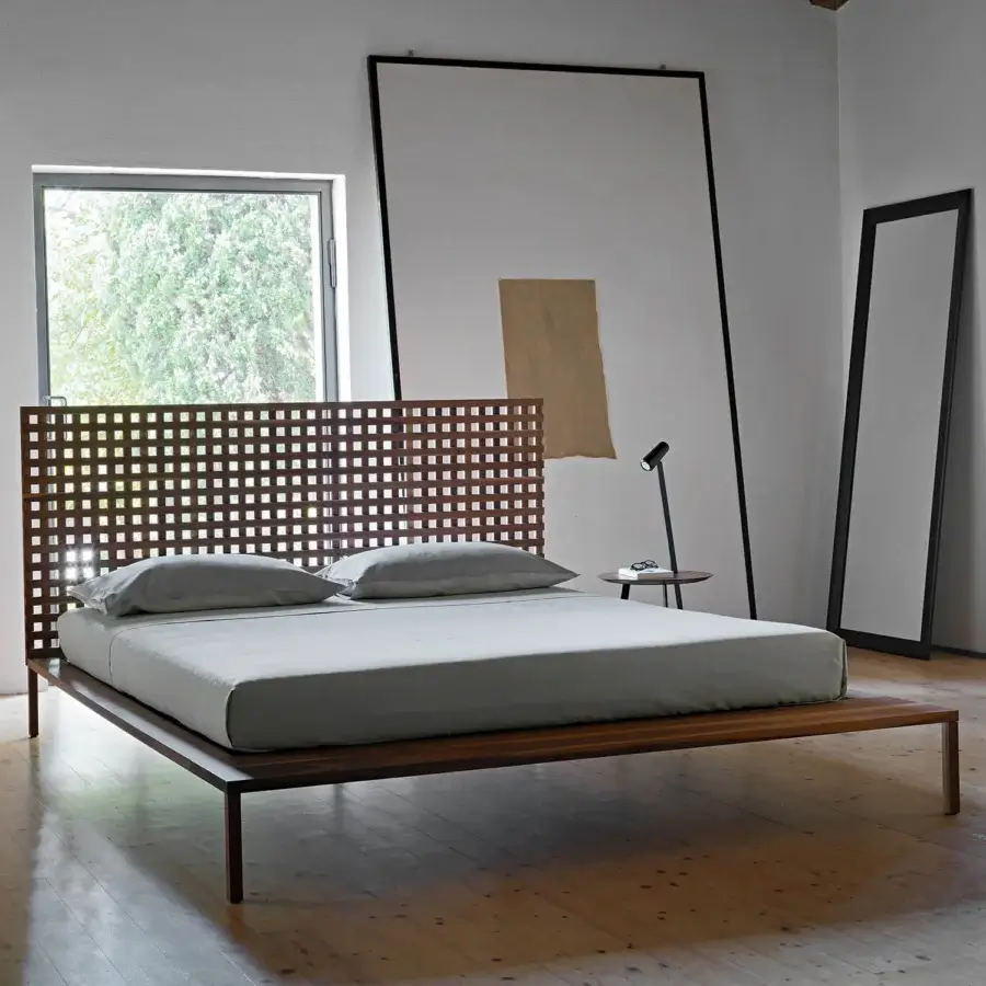 Distinguished Horm Twine bed crafted in solid wood with a warm brown tone and matte finish, showcasing an orthogonal slat headboard