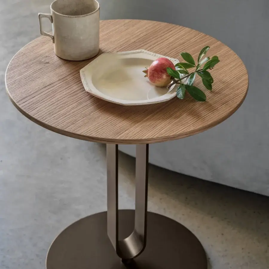 Elegant Bontempi Alfred side table with light brown wood grain veneer top and lacquered metallic tone frame