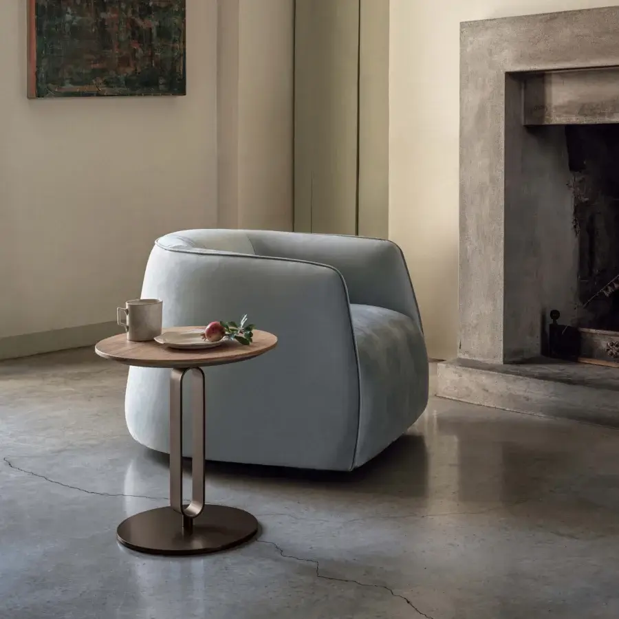 Distinguished Bontempi Alfred side table with bronze lacquered metal frame and smoothly finished round wooden top