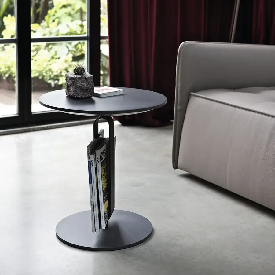 Superior Bontempi Alfred side table with veneer or matt lacquered wood top and lacquered metal frame built with an integrated magazine rack