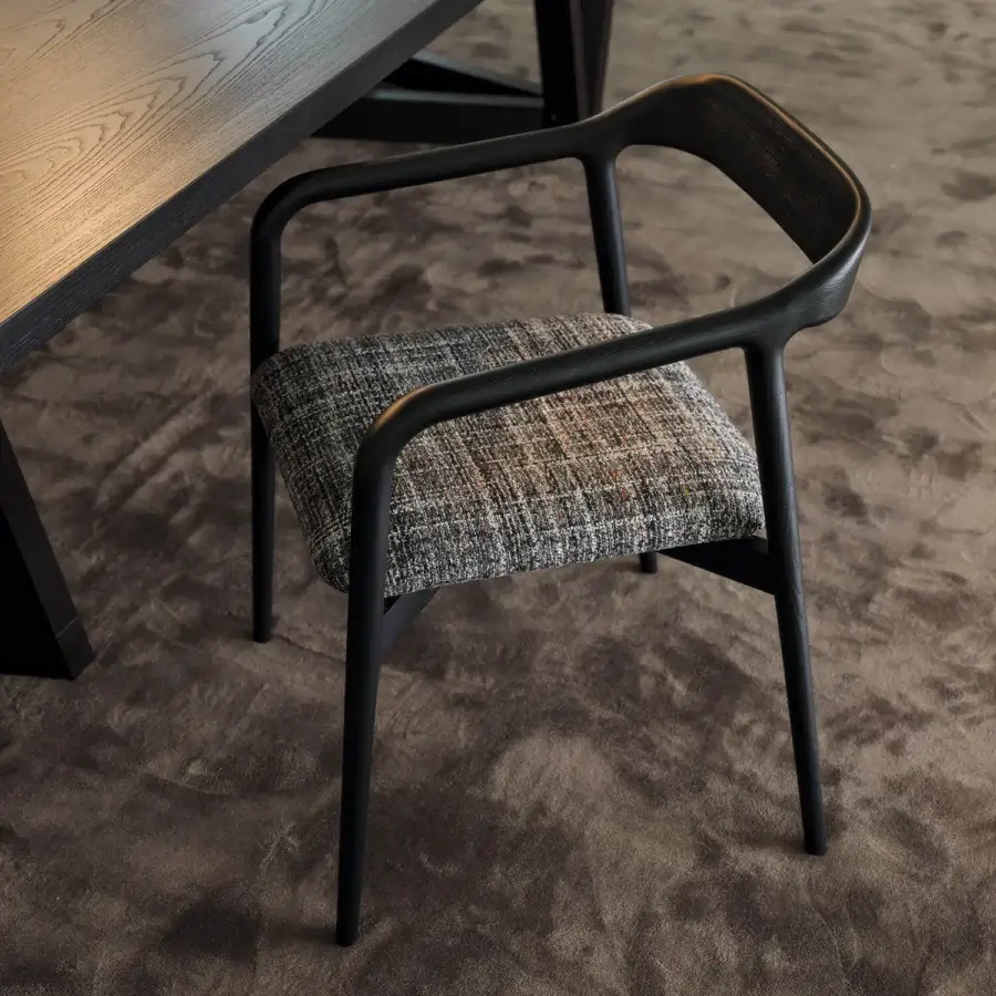 Distinguished Horm Velasca armchair crafted in solid ash with a dark matte finish and woven gray, brown, white seat cushion