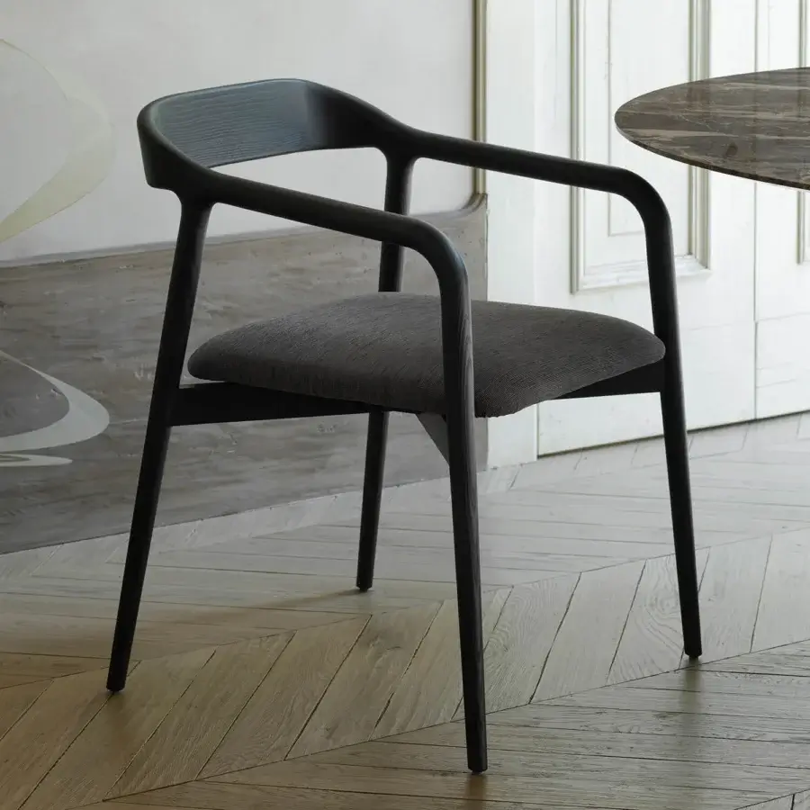 Exceptional Horm Velasca armchair built in solid ash with a matte black frame and sophisticated gray textile seat