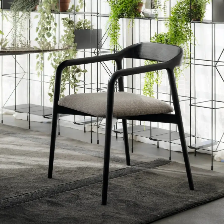 Superior Horm Velasca armchair crafted in solid ash with a matte black finish and comfortable gray textile seat cushion