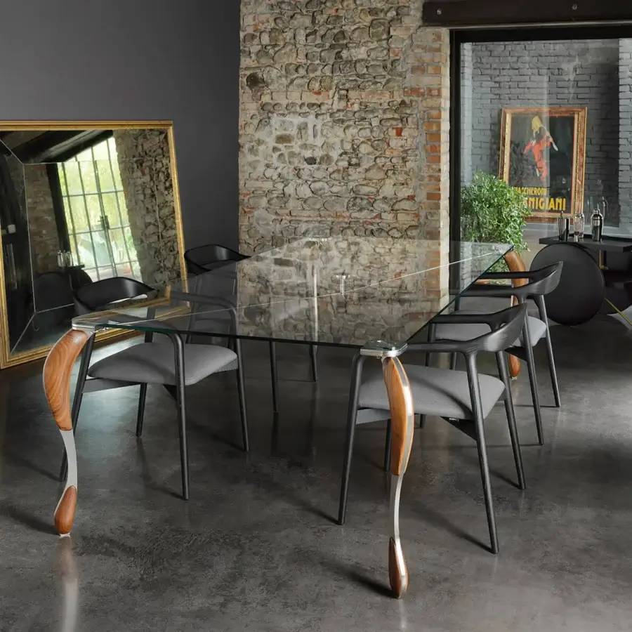 Exceptional Horm Velasca armchair with dark gray textile and curved backrest built in solid ash with reflective metal accents
