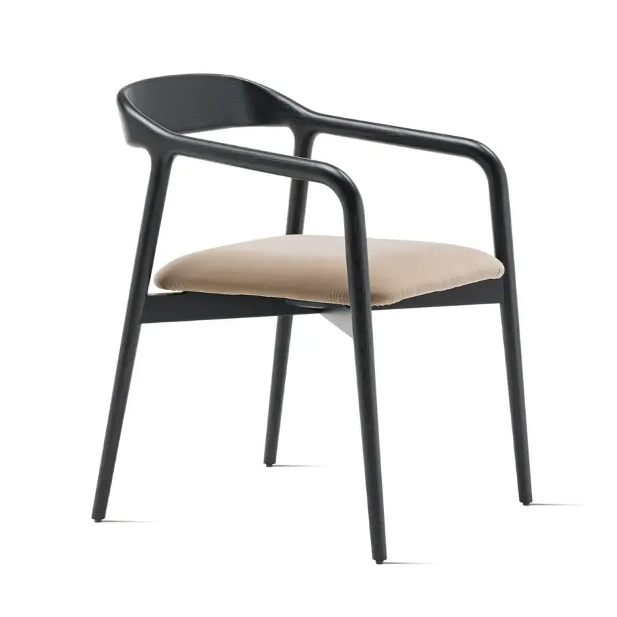 Elegant Horm Velasca armchair with solid ash frame and light beige textile seat in matte black finish