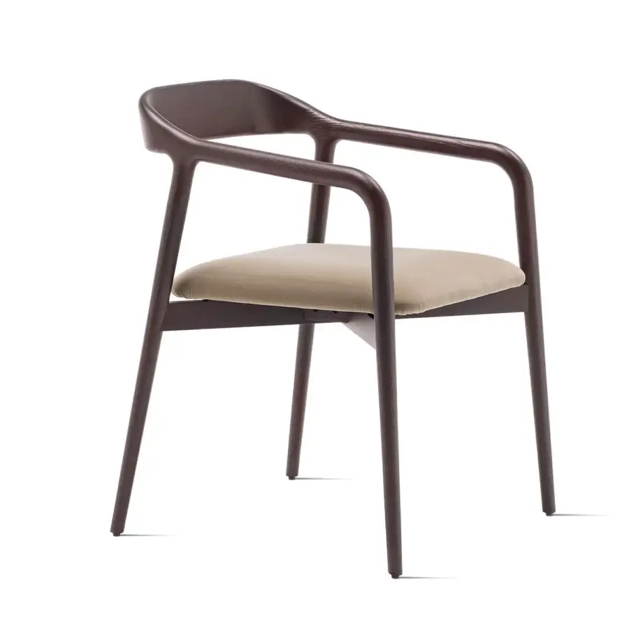 Distinguished Horm Velasca armchair with curved solid ash frame and light tan upholstery in a dark brown finish