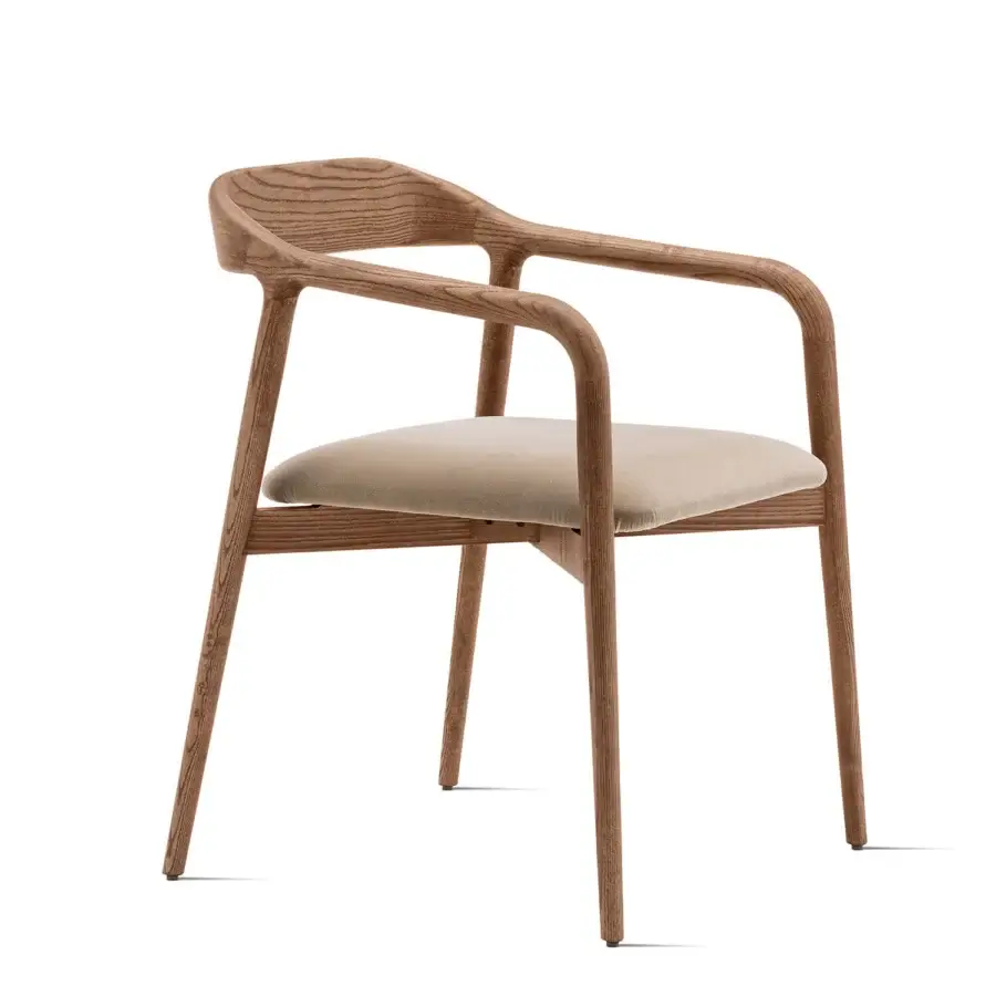 Exceptional Horm Velasca armchair crafted with curved solid ash frame and beige textile seat cushion