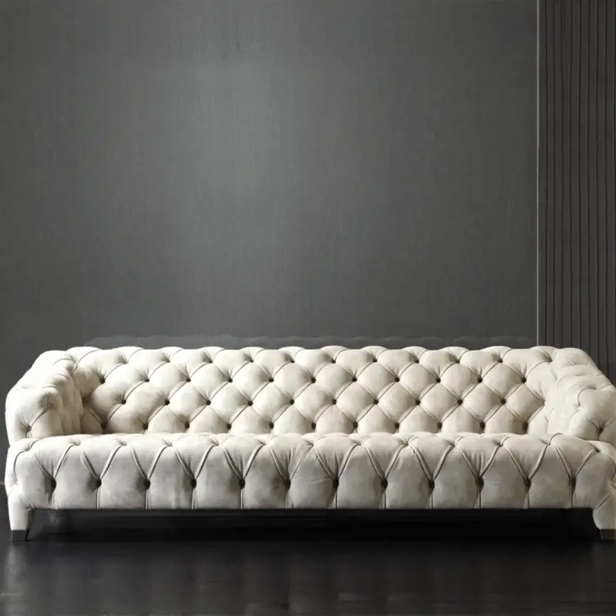 Elegant Rugiano Cloud sofa upholstered in plush light cream textile with a refined tufted finish crafted in Italy