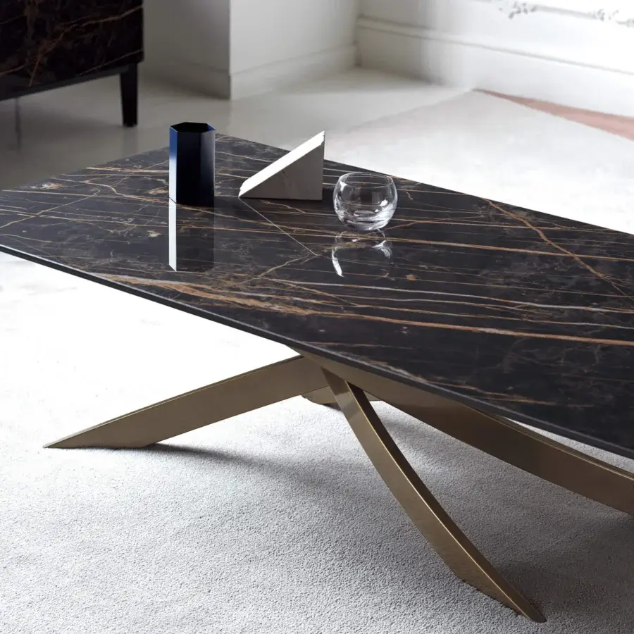Exceptional Bontempi Artistico coffee table with dark, patterned top and glossy gold veining in bronze-toned metal base