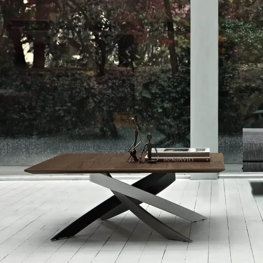Exceptional Bontempi Artistico coffee table with dark brown wood tabletop and crisscross metal base in gray tones with matte finish