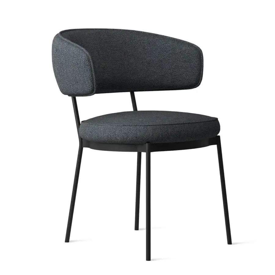 Elegant Horm Vendome armchair with enveloping backrest supported by sleek matte black metal and dark textured textile upholstery