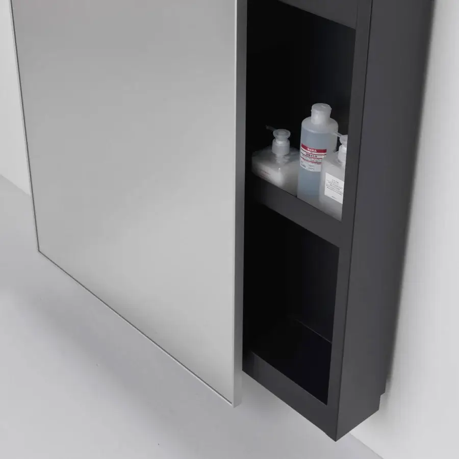 Elegant Horm Backstage mirror with silver-toned aluminum framing and black lacquered sheet-iron built with open shelving