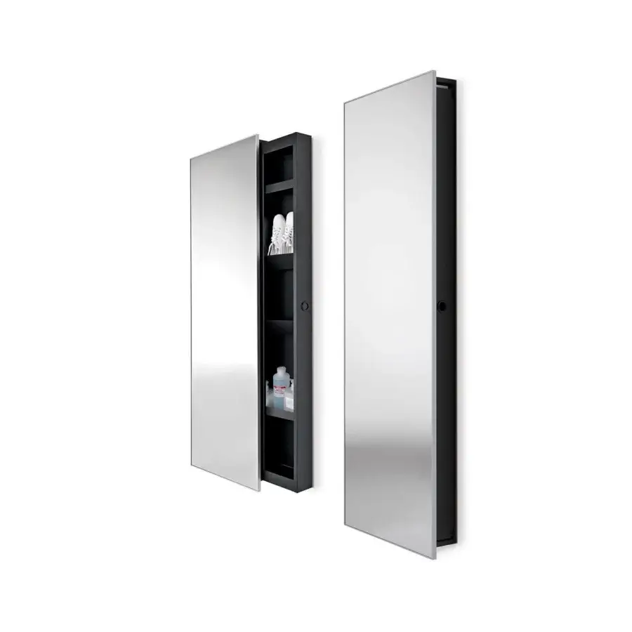 Superior Horm Backstage mirror with black lacquered sheet-iron framing and extruded anodized aluminum shelving