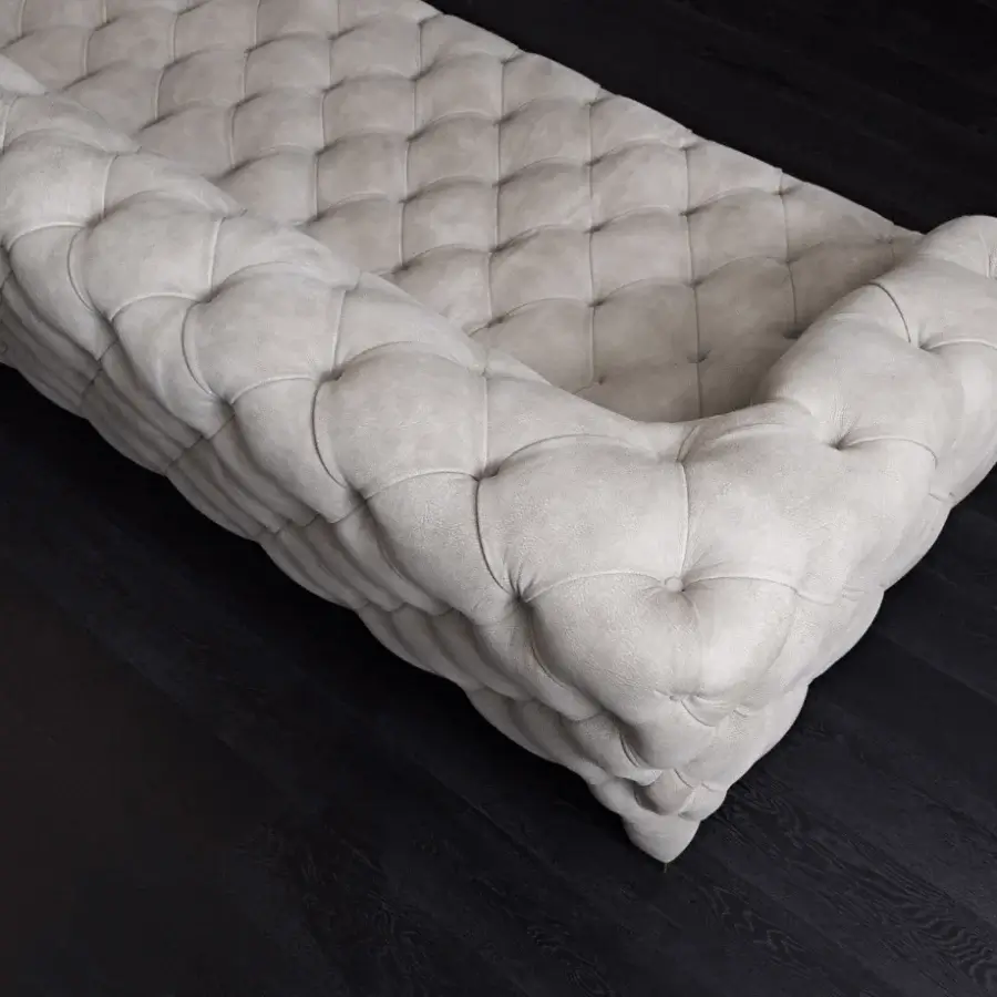 Distinguished Rugiano Cloud sofa upholstered in light beige textile with matte finish and refined tufting