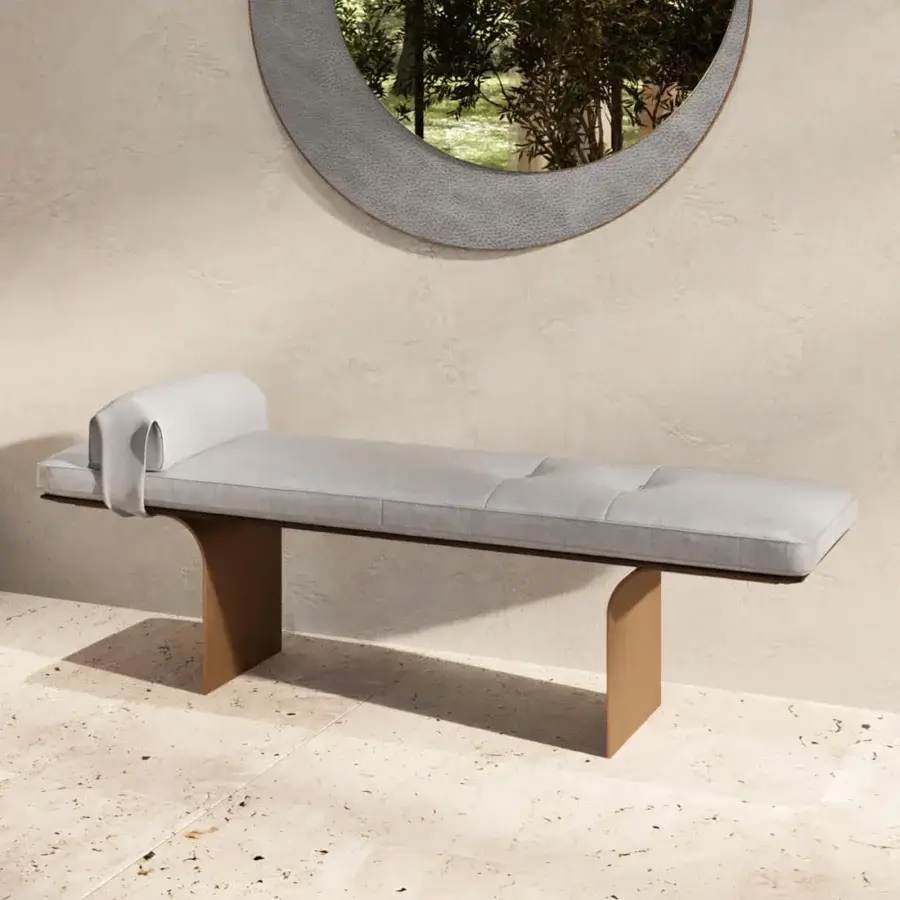 Meticulous Borzalino Minerva bench with light gray upholstery and lacquered muted brown curved metal blades