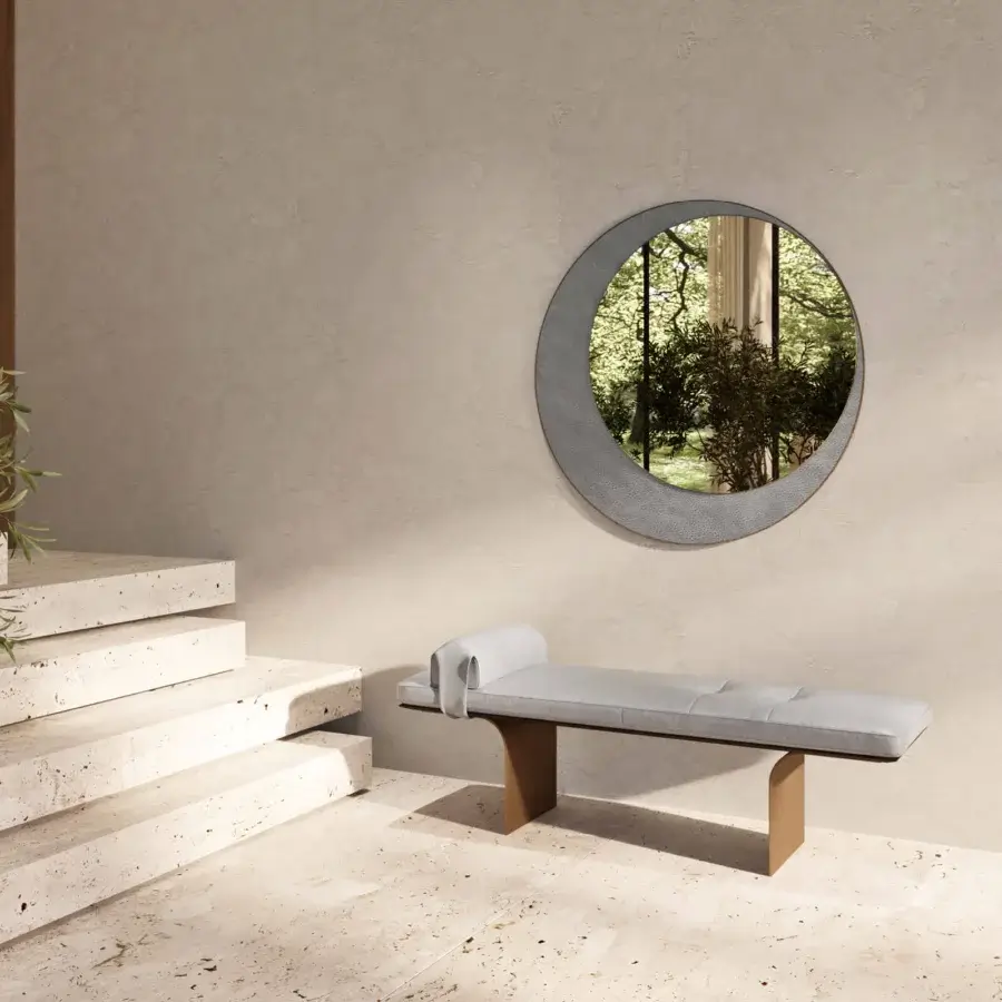 Superior Borzalino Minerva bench with light gray polyurethane foam upholstery and veneered light brown wood support