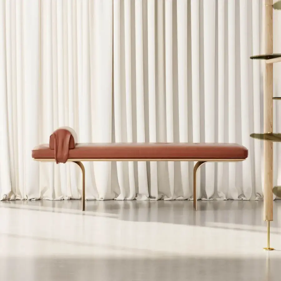 Exceptional Borzalino Minerva bench with reddish-brown tufted upholstery and lacquered curved wooden legs