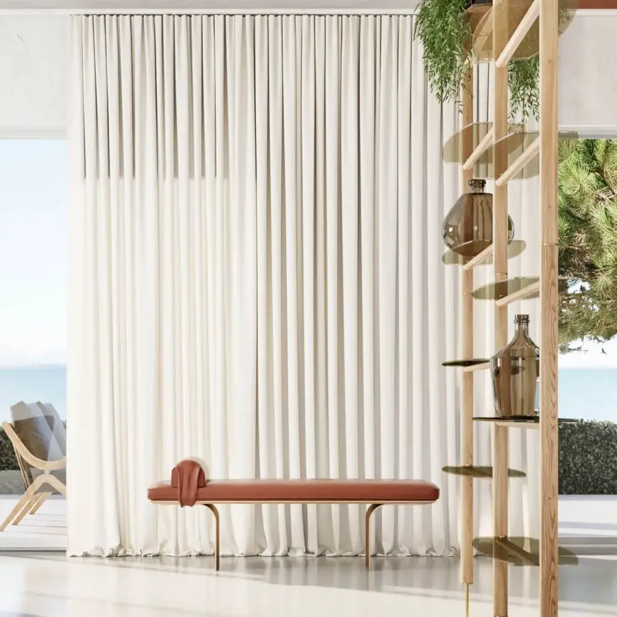 Distinguished Borzalino Minerva bench with smooth brown textile upholstery, veneered wood and lacquered metal base