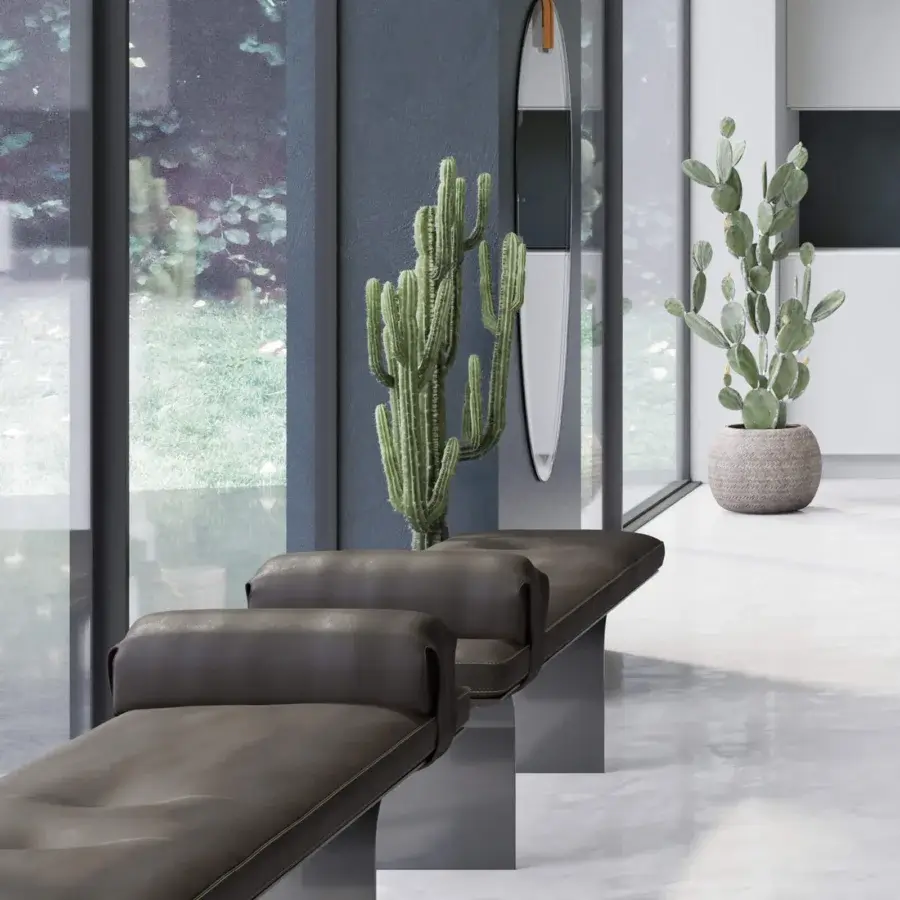 Exceptional Borzalino Minerva bench with dark brown leather-like textile and curved metal blade feet in a matte finish