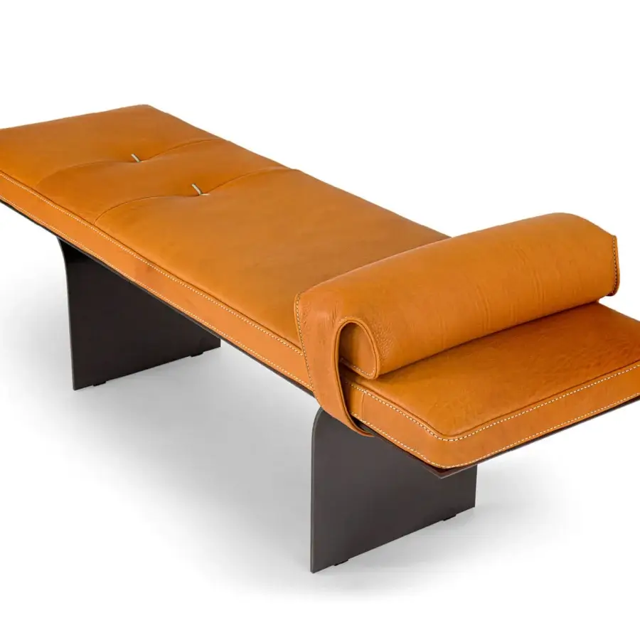 Distinguished Borzalino Minerva bench with light brown polyurethane foam upholstery and lacquered metal blades