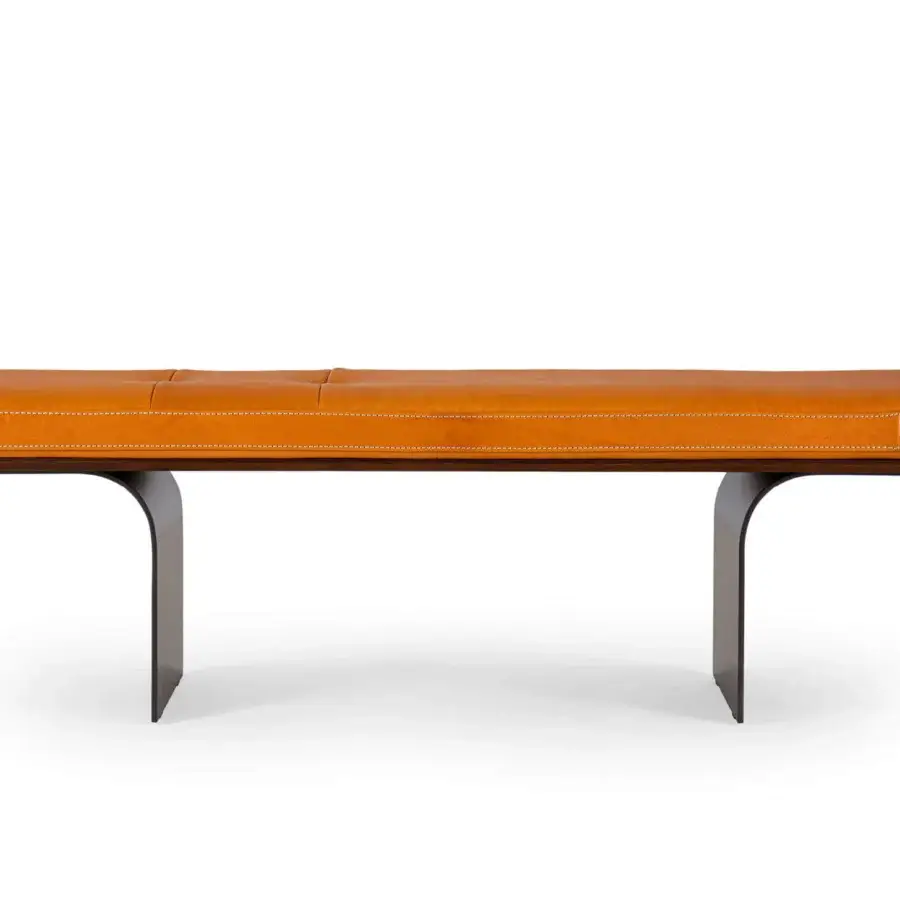 Exceptional Borzalino Minerva bench with orange polyurethane foam upholstery and lacquered curved metal blade feet