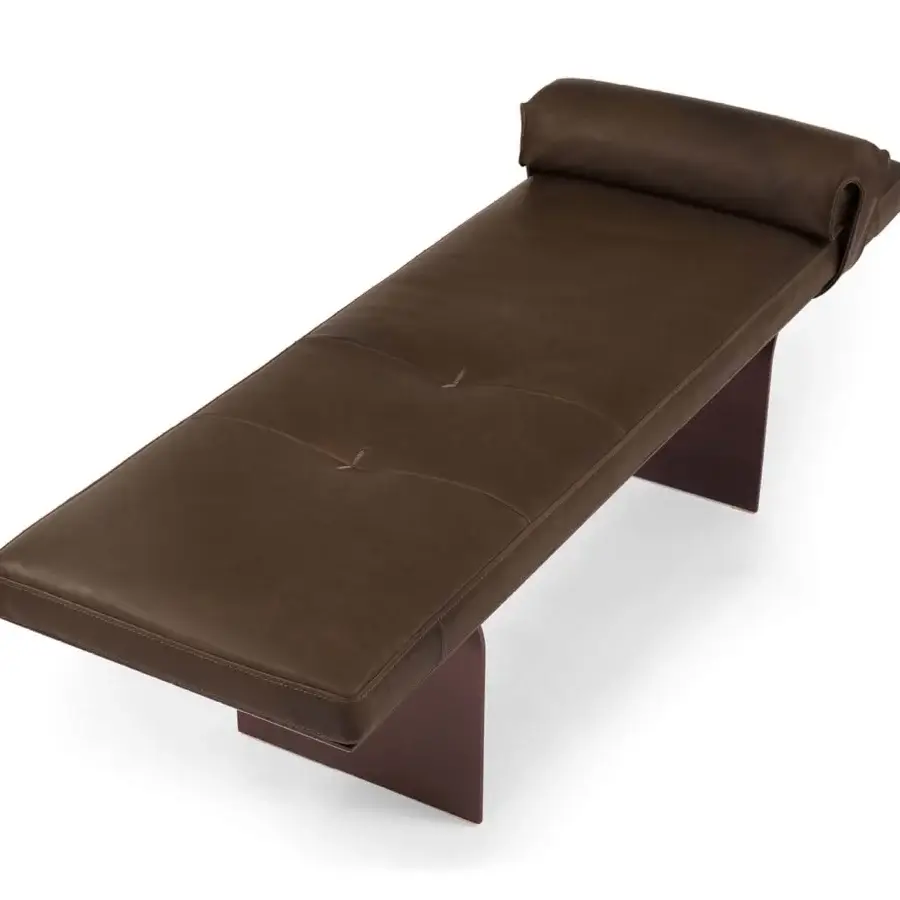 Sophisticated Borzalino Minerva bench with dark brown polyurethane foam upholstery and lacquered wood support structure