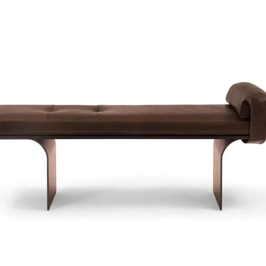 Exclusive Borzalino Minerva bench with tufted brown leather seat and matte bronze lacquered curved metal legs