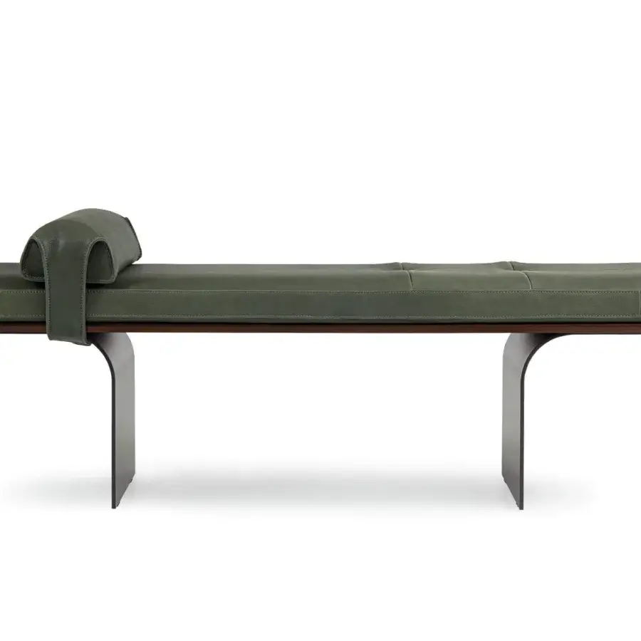 Distinguished Borzalino Minerva bench with green upholstery and dark brown lacquered veneered wood support built on curved gray metal blades