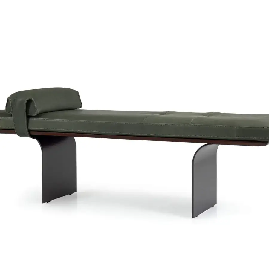Exceptional Borzalino Minerva bench with dark green leather cushion and Canaletto walnut veneered wood support built with curved matte metal blade feet
