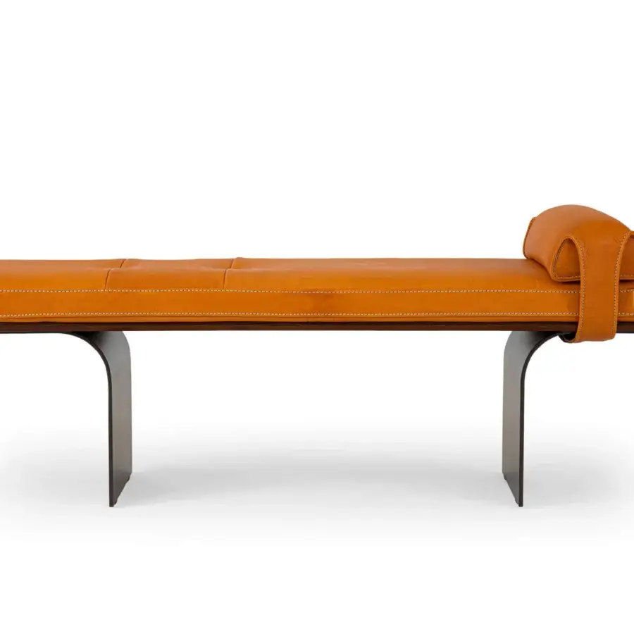 Distinctive Borzalino Minerva bench with fixed orange leather seat and dark lacquered veneered wood support structure