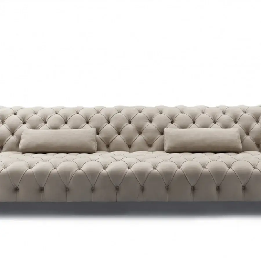 Distinguished Rugiano Cloud sofa upholstered in light beige textile with a matte finish and refined tufted design