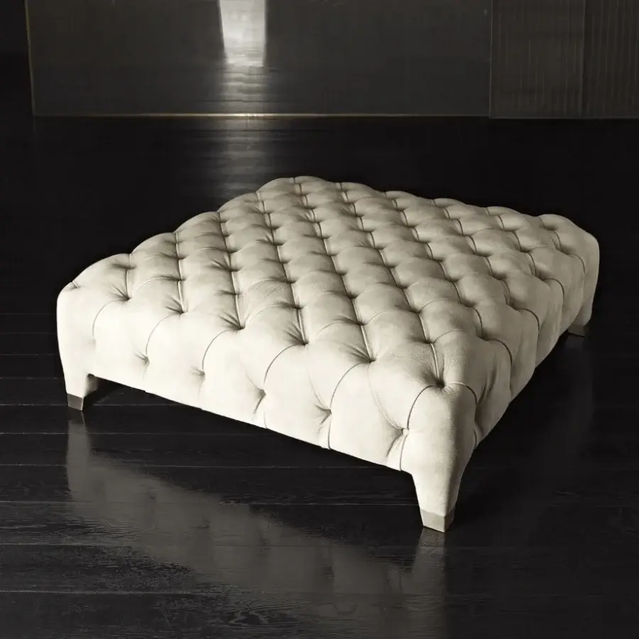 Superior Rugiano Cloud ottoman upholstered in light beige fabric with a refined tufted finish