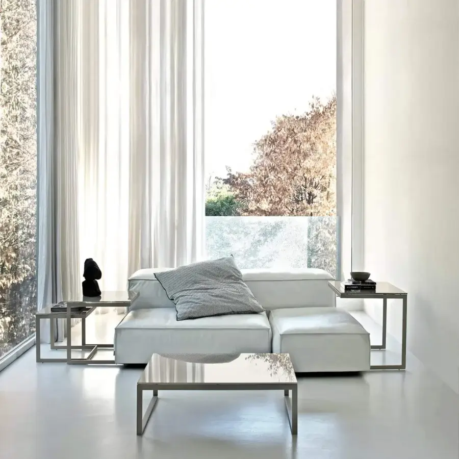 Distinguished Bontempi Hip Hop side table with a neutral gray glass top and matte metal framework