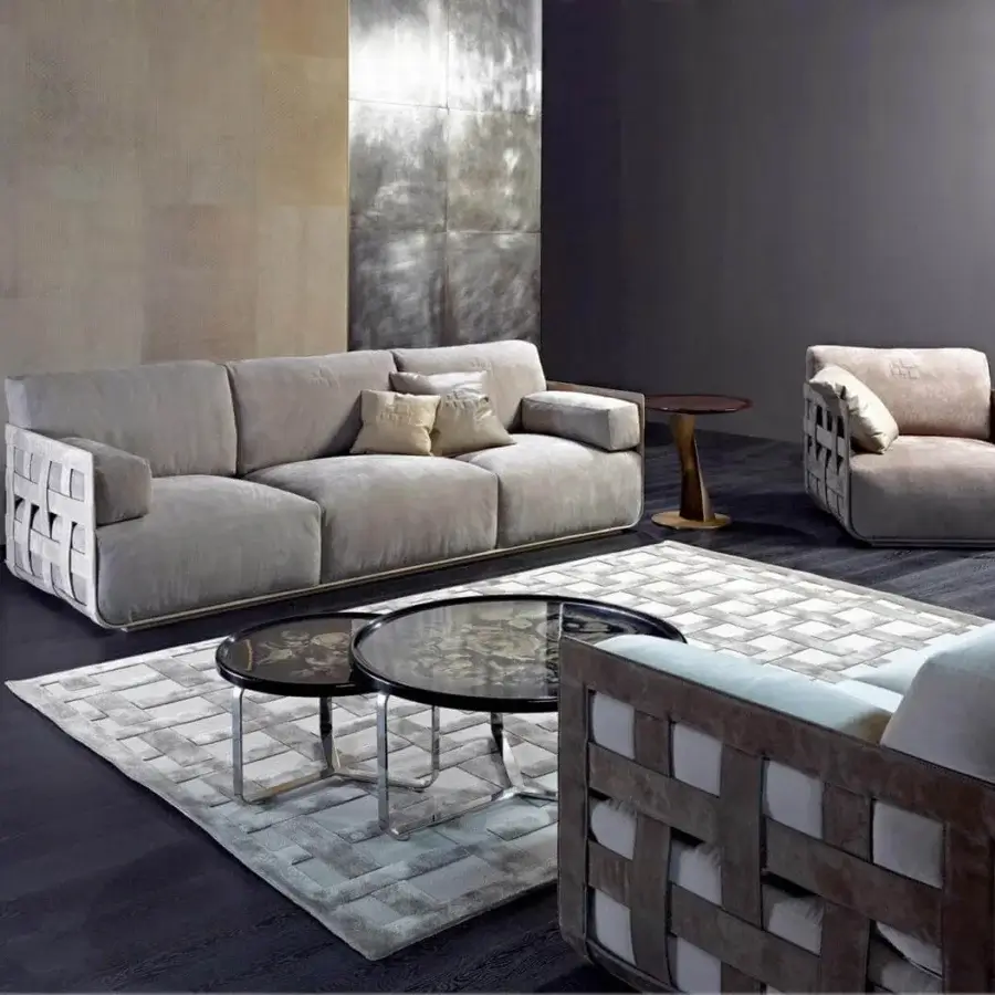 Distinctive Rugiano Braid sofa crafted in hide-leather with light beige fabric cushions and a matte finish