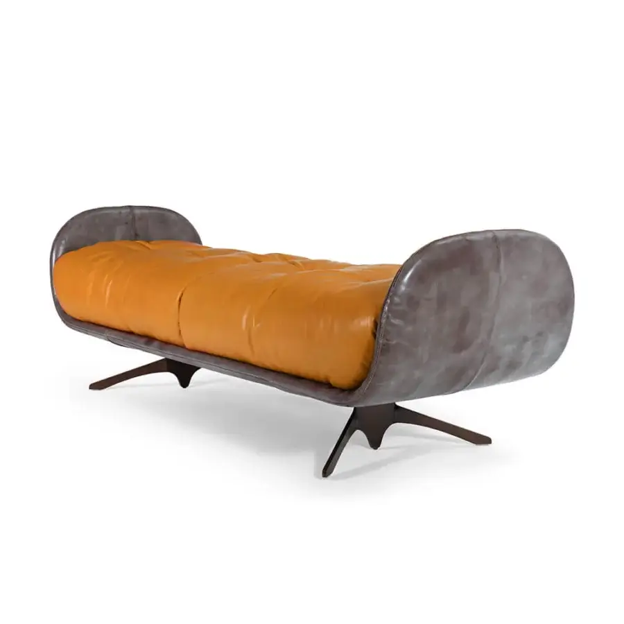Exceptional Borzalino Ayton bench with brown matte leather frame and orange leather seat cushion built with lacquered metal feet