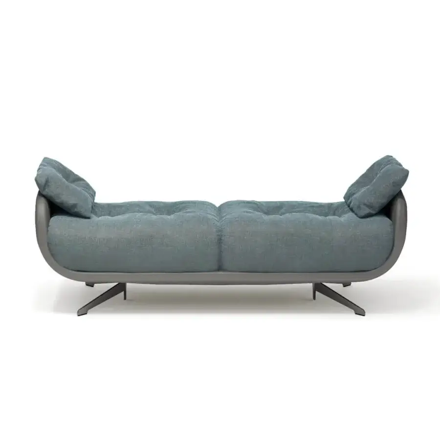 Distinguished Borzalino Ayton bench with light-blue textile upholstery and curved matte gray lacquered metal legs