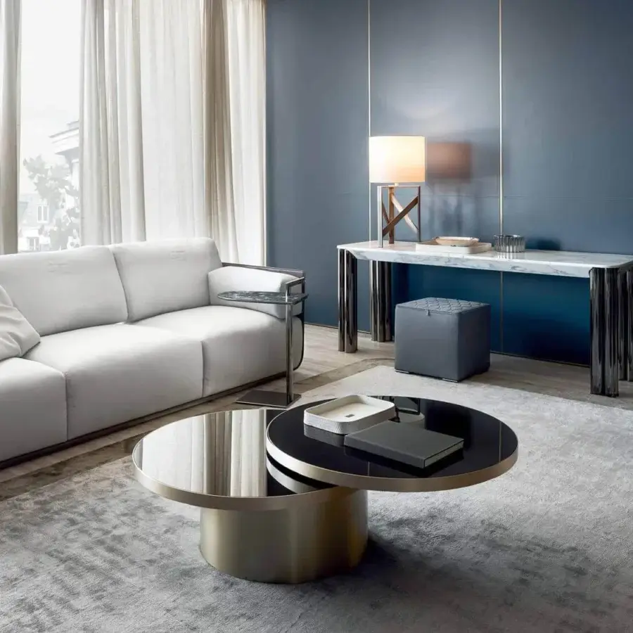 Innovative Rugiano Braid sofa crafted in light gray fabric with unique braided medium brown wood-like detailing on each armrest