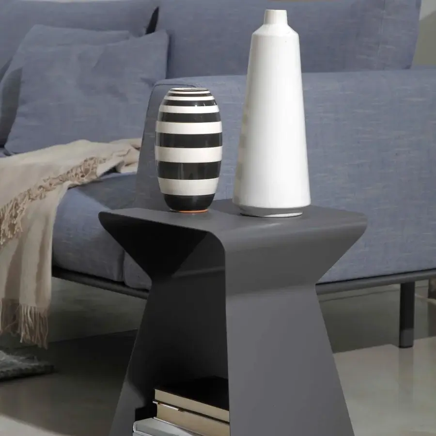 Distinguished Bontempi Kito side table with unique metal structure and hourglass shape in matte gray finish