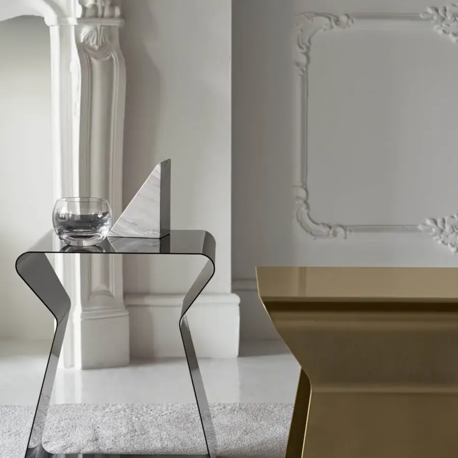 Distinguished Bontempi Kito side table crafted in metal with glossy muted gray finish and sculptural hourglass form