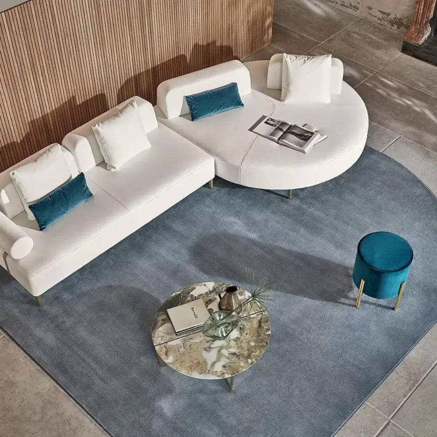 Superior Bontempi Cross coffee table with light beige and white marbled composite top and golden metal frame
