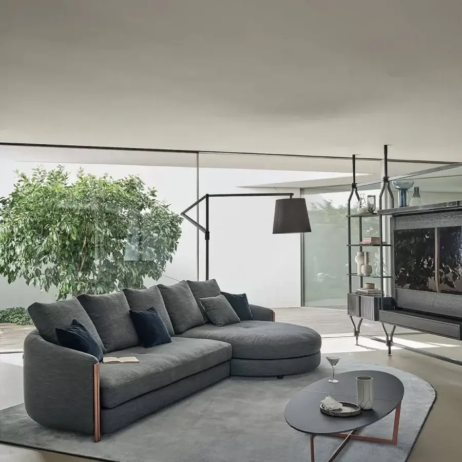 Elegant Bontempi Cross coffee table with dark gray composite tabletop and sleek copper finished metal frame