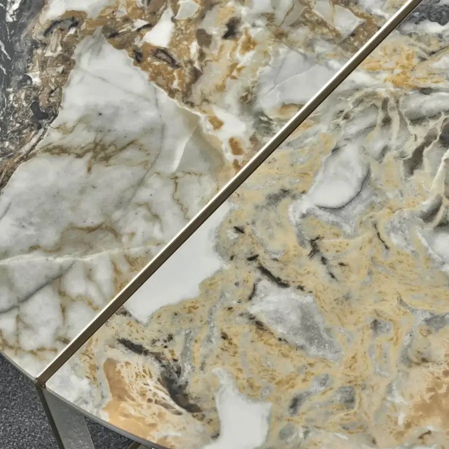 Superior Bontempi Cross coffee table with organic marble-look top in white, gray, and brown tones plus satin metal frame
